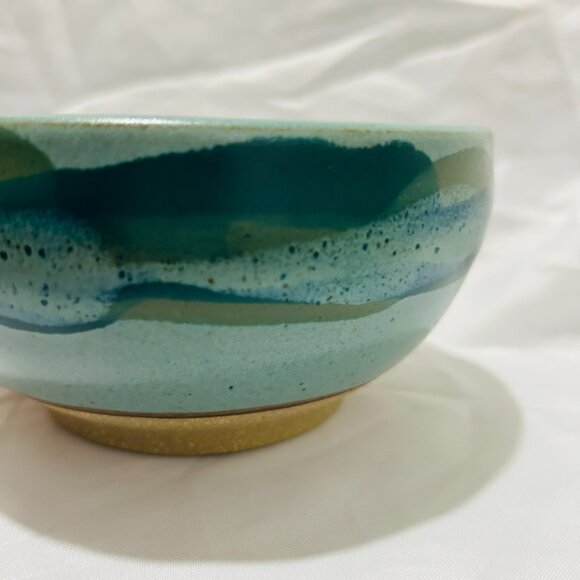 Signed Art Pottery soup mug bowl Teal Blue green glaze Thumb Rest - Picture 13 of 15